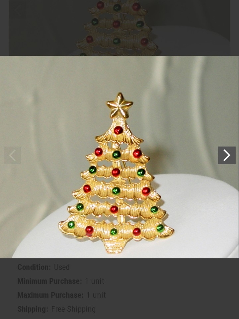 Gold Holiday Tree Brooch with Red and Green Accents